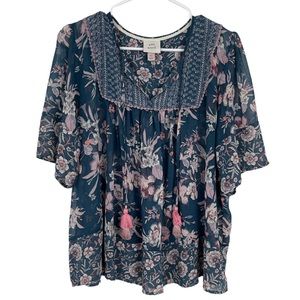 Knox Rose Sheer Floral Blouse with Tie Front and Tassels size XL